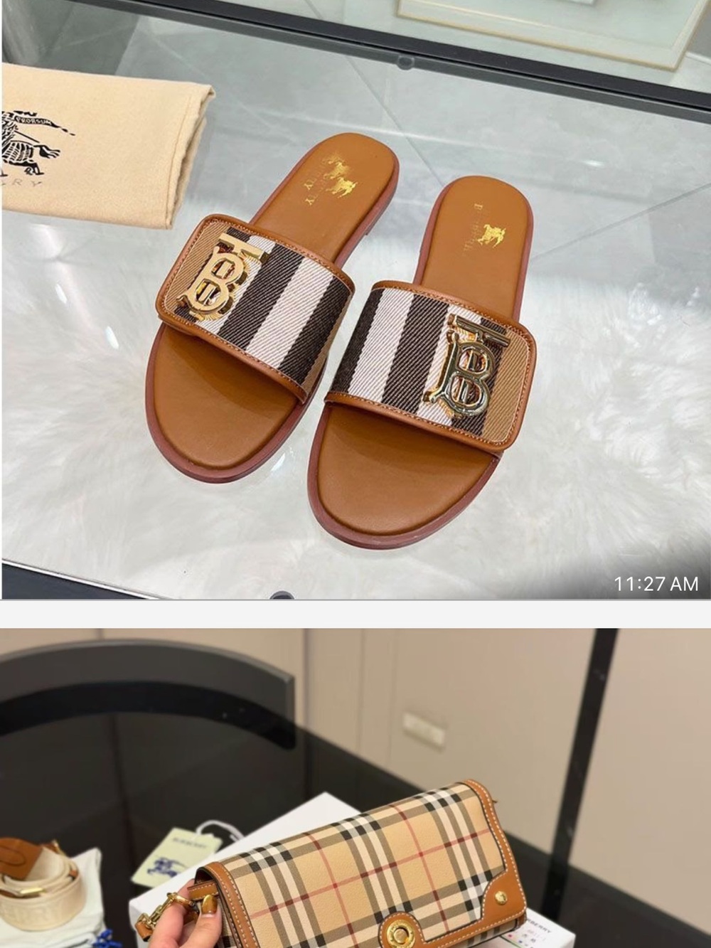 Striped Tan Slide Sandals with Gold Monogram Accent